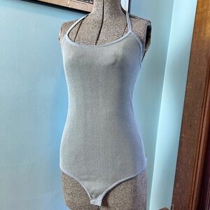 Wayf Light Blue Ribbed Halter Bodysuit